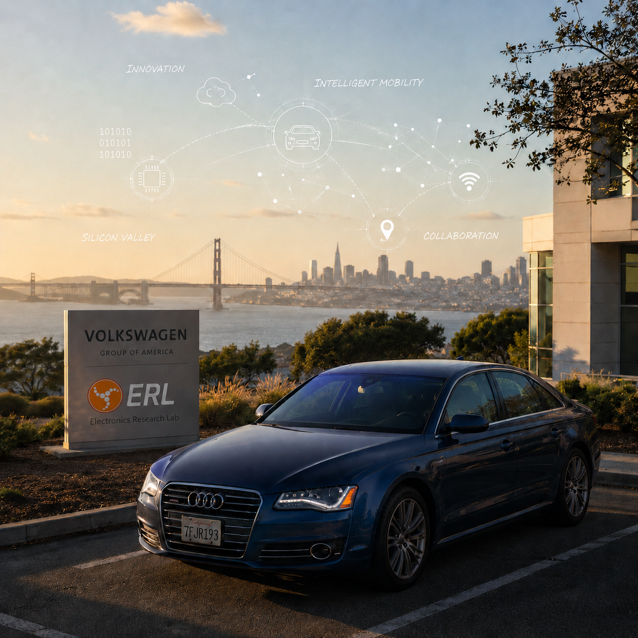 Electronics Research Lab in Belmont with an Audi prototype vehicle and Silicon Valley backdrop